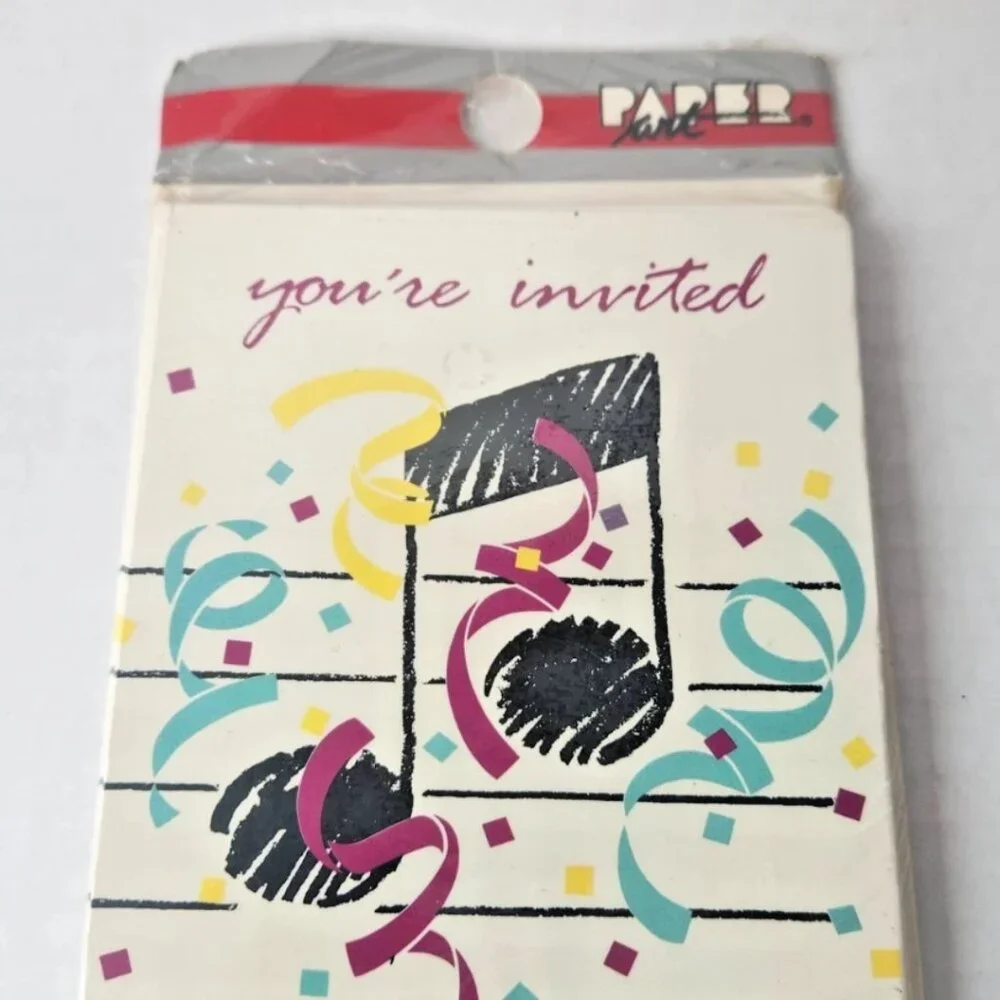Vintage 90s Music Note Invitations Sealed Paper Art Confetti Retro Party Set
